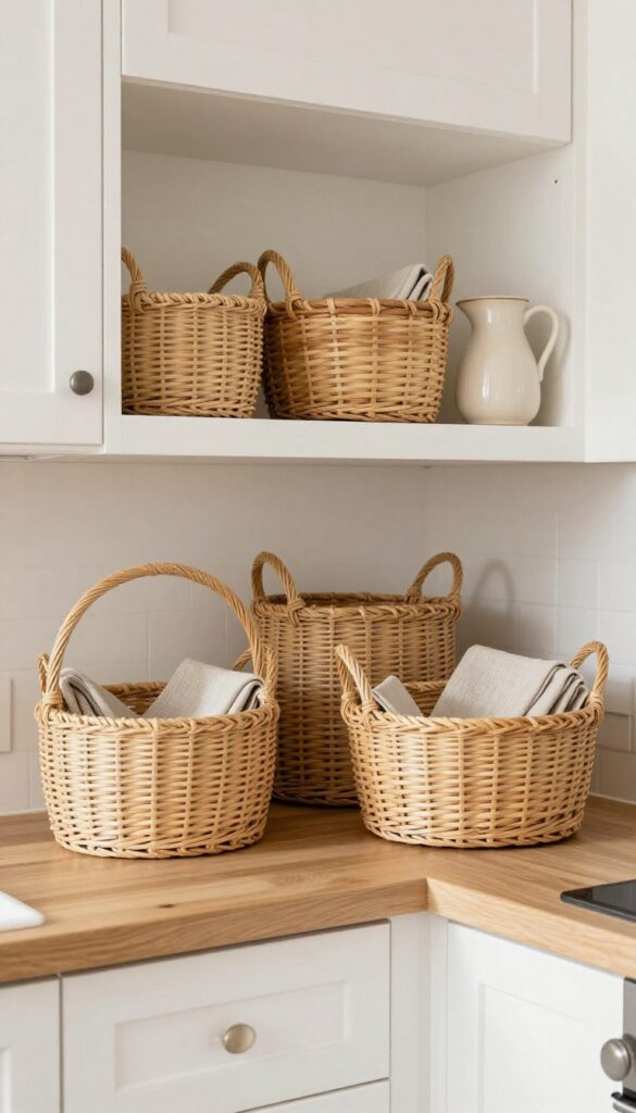 Woven baskets on top of upper kitchen cabinets for storage and warmth