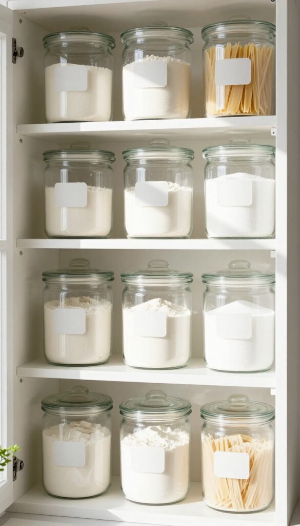 Clear glass canisters neatly arranged on a pantry shelf, filled with pantry staples like flour and pasta, with soft natural light.