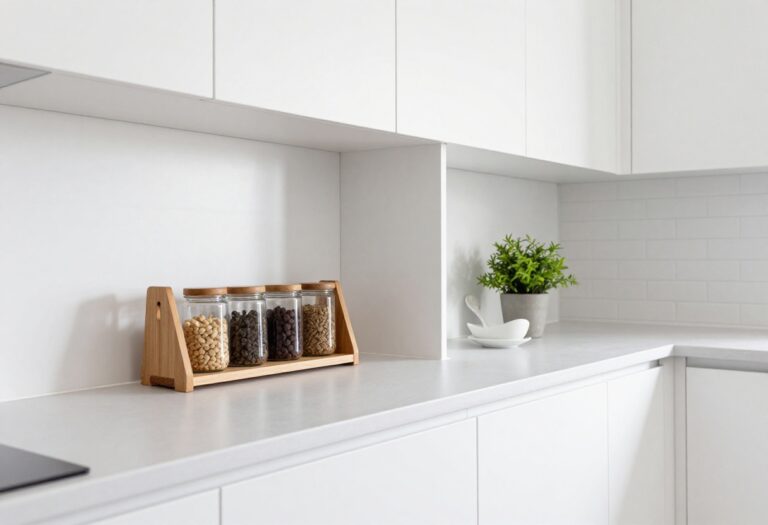 Kitchen cabinet end with a slim spice rack and decor