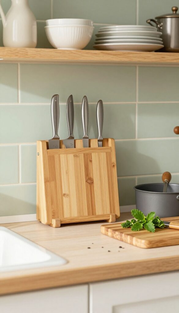 Wooden magnetic knife strip mounted on side of white cabinet in warm kitchen