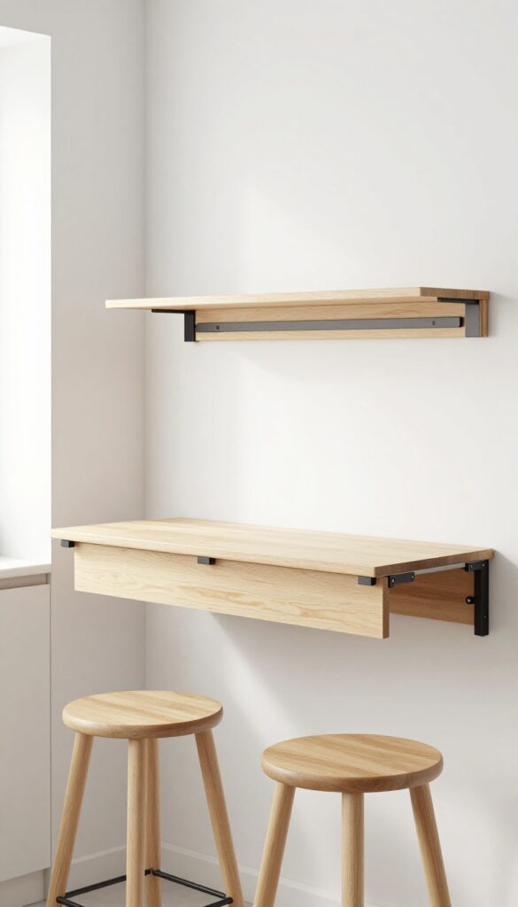 Foldable wall-mounted drop-leaf island in a bright modern kitchen with two stools tucked underneath