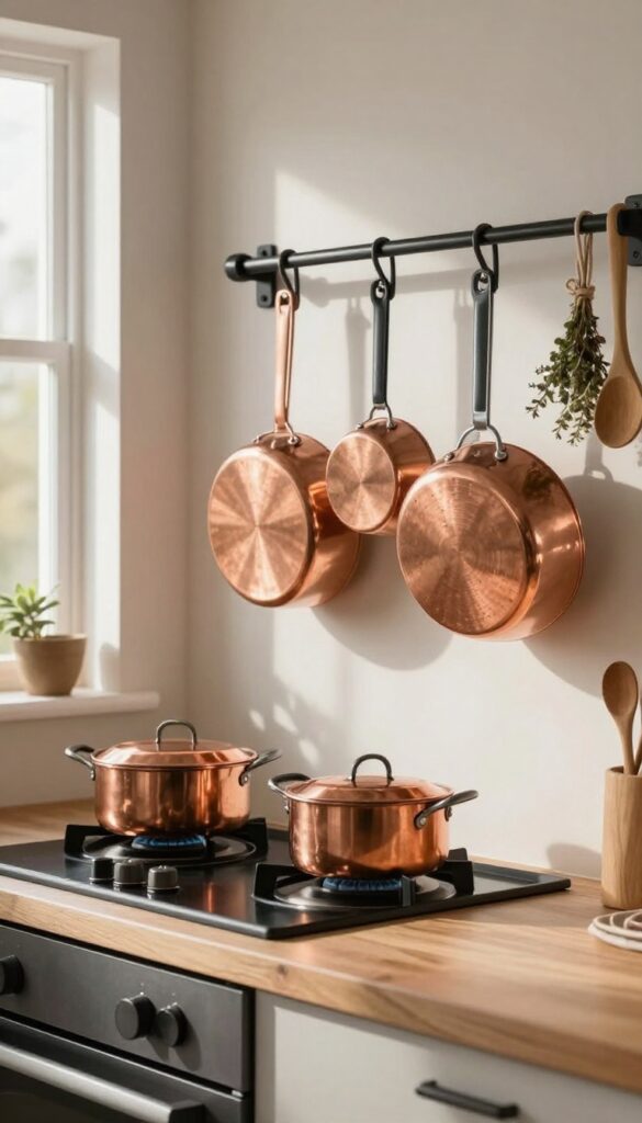 A wall-mounted pot rack holding copper cookware above a stove in a bright, organized kitchen.