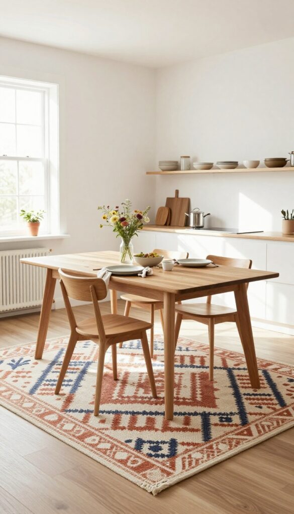 A kitchen dining table with a geometric flatweave rug underneath, set for a casual family meal in bright natural light.