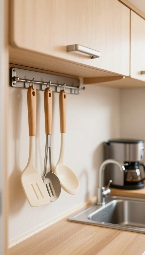 Close-up of Command hooks on an RV cabinet door holding wooden utensils, with a tidy kitchen background.