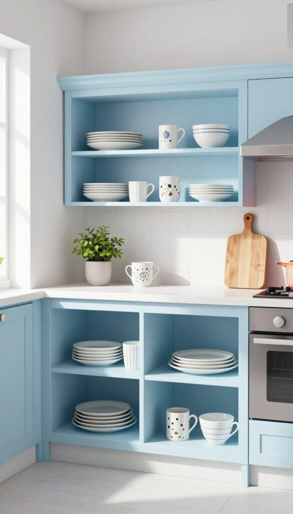 Open shelving in a kitchen with dishes arranged by color in a rainbow gradient, creating a focal point with natural light.