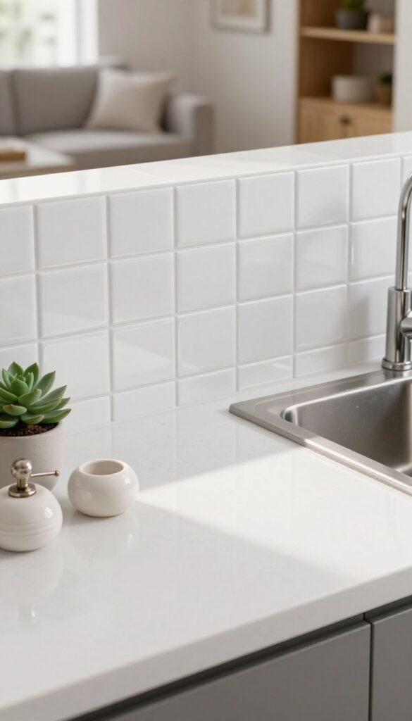 Close-up of a glossy white peel-and-stick subway tile backsplash in a modern kitchen, with a succulent and soap dispenser on the counter, and a blurred open-concept living area beyond.