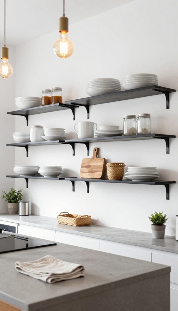 Industrial loft kitchen with black metal open shelving, white dishes, wood accents, and pendant lights