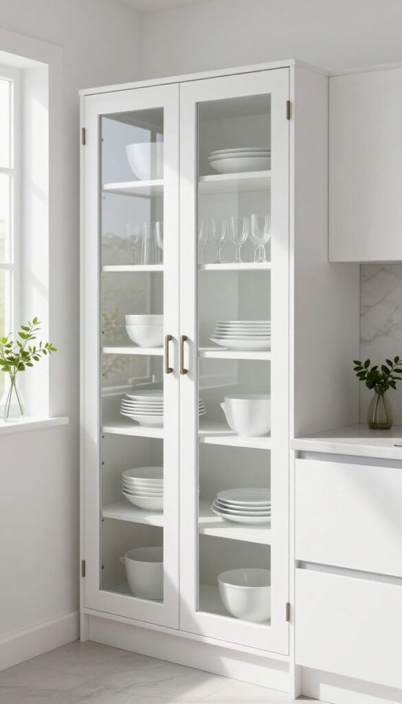 Kitchen with handleless glass cabinet doors, clean and airy display of white dishes and glassware