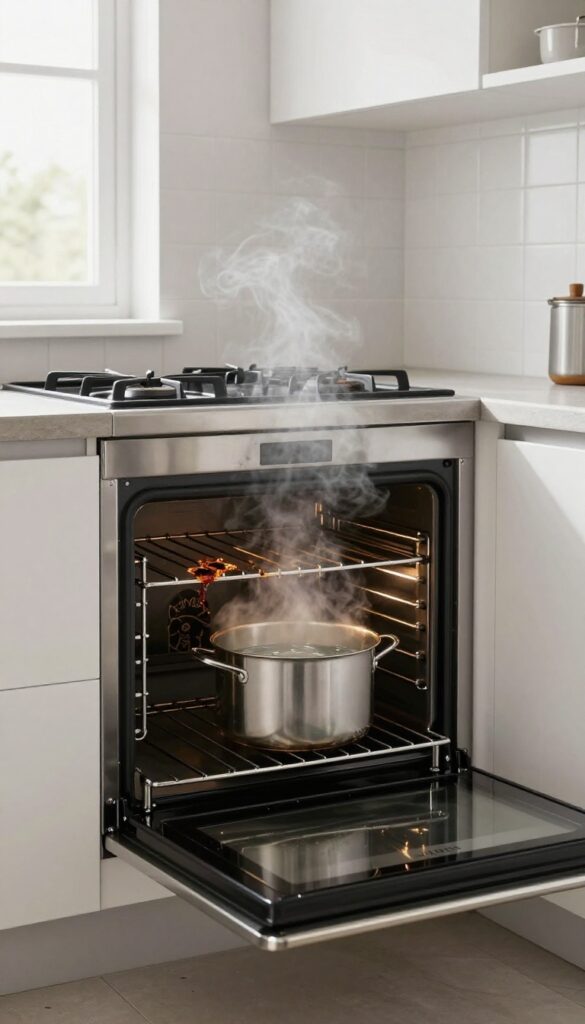 Steam rising from a pot of water inside an open oven to clean oven racks