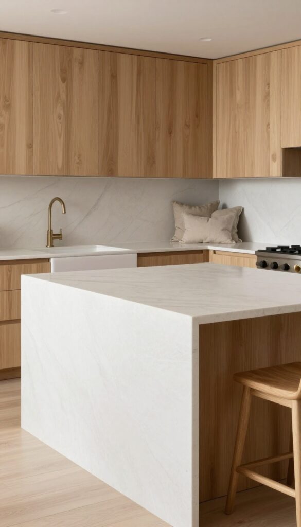 Large kitchen island with waterfall edge, hidden cabinets, and bench seating in a bright, warm kitchen