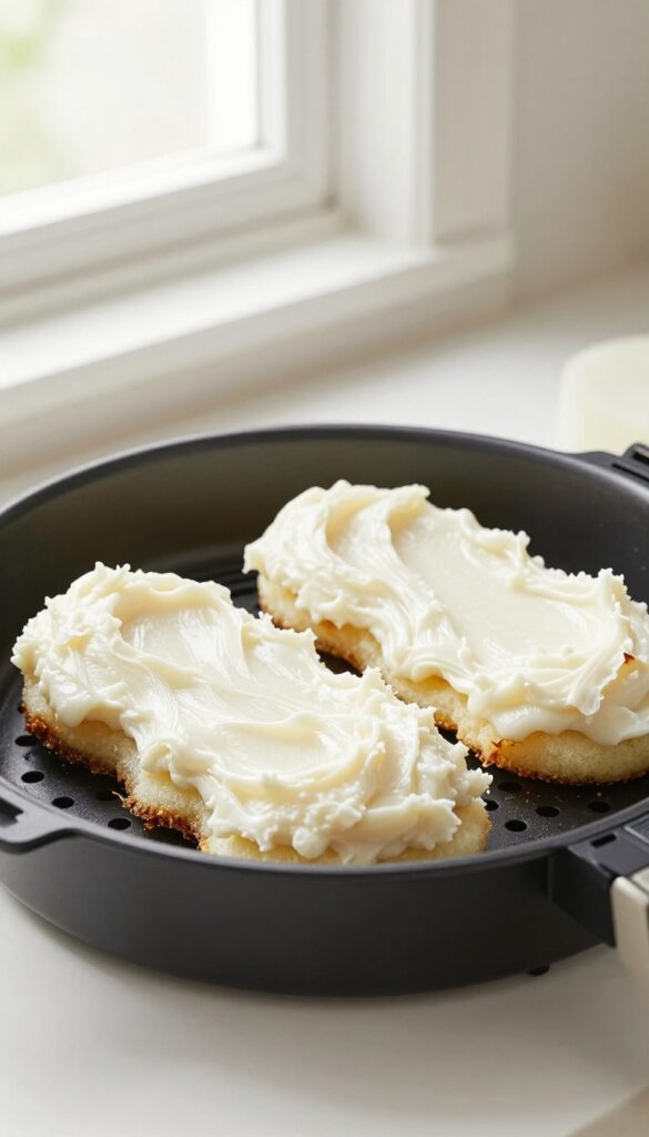 Close-up of air fryer basket with baking soda paste on greasy spots, soft sponge nearby, bright natural light.