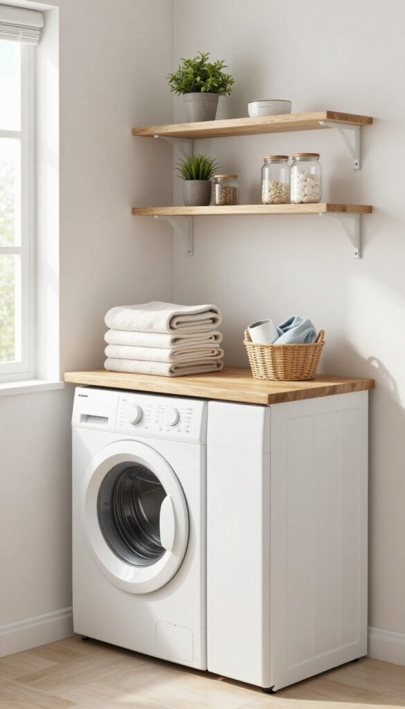 Butcher block countertop over washer and dryer in a kitchen laundry corner with open shelving above.