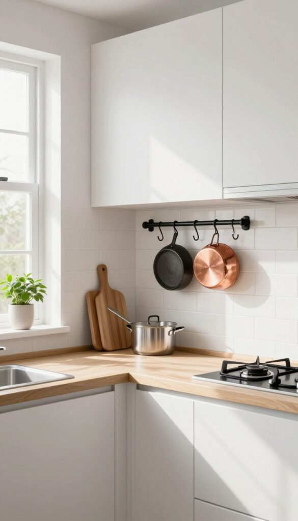 Wall-mounted rail with pots and pans in a bright apartment kitchen