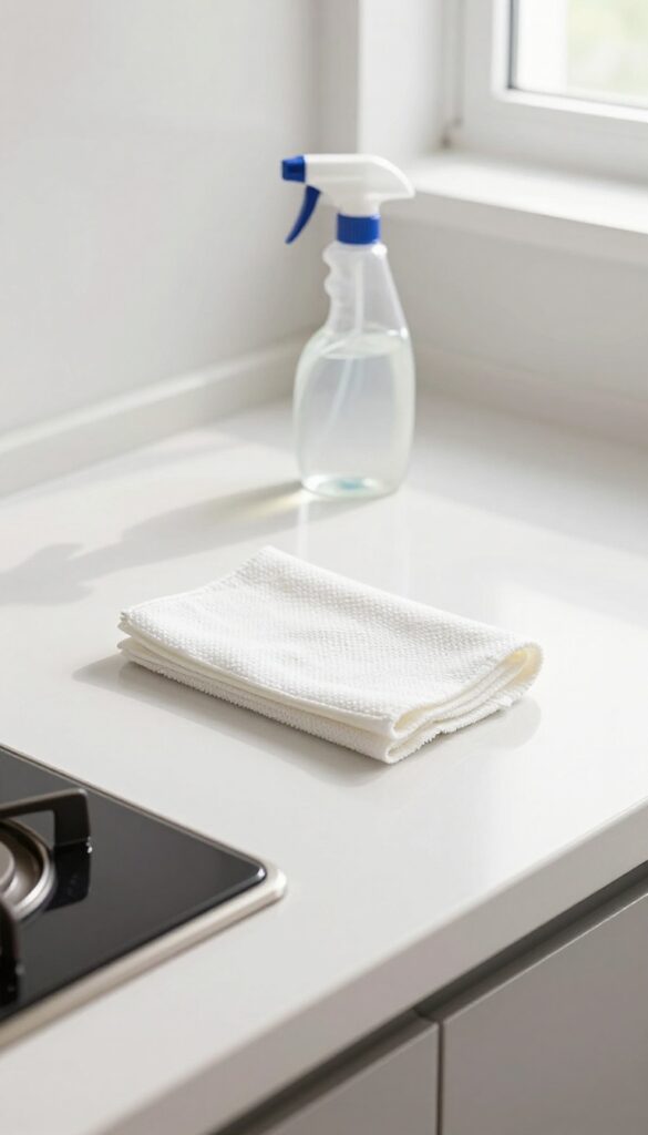 Clean kitchen counter with damp cloth and spray bottle after cooking