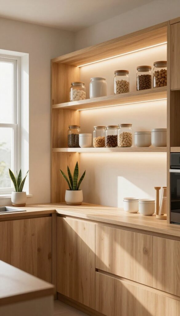 Warmly lit butler's pantry with under-cabinet lights and a potted snake plant on the counter, creating an inviting and organized space.