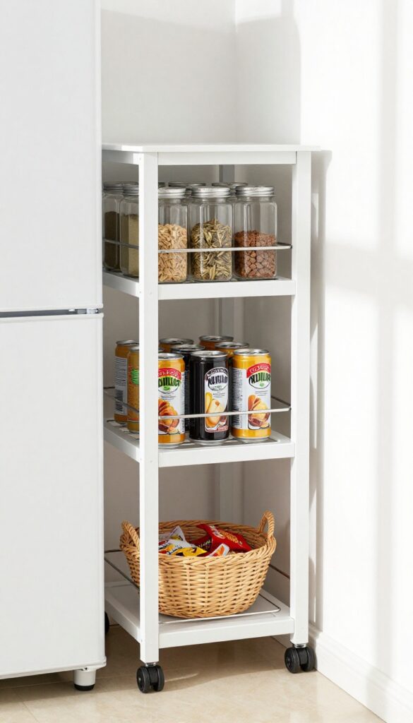 Slim rolling cart in narrow gap between fridge and wall, holding spices, drinks, and snacks.