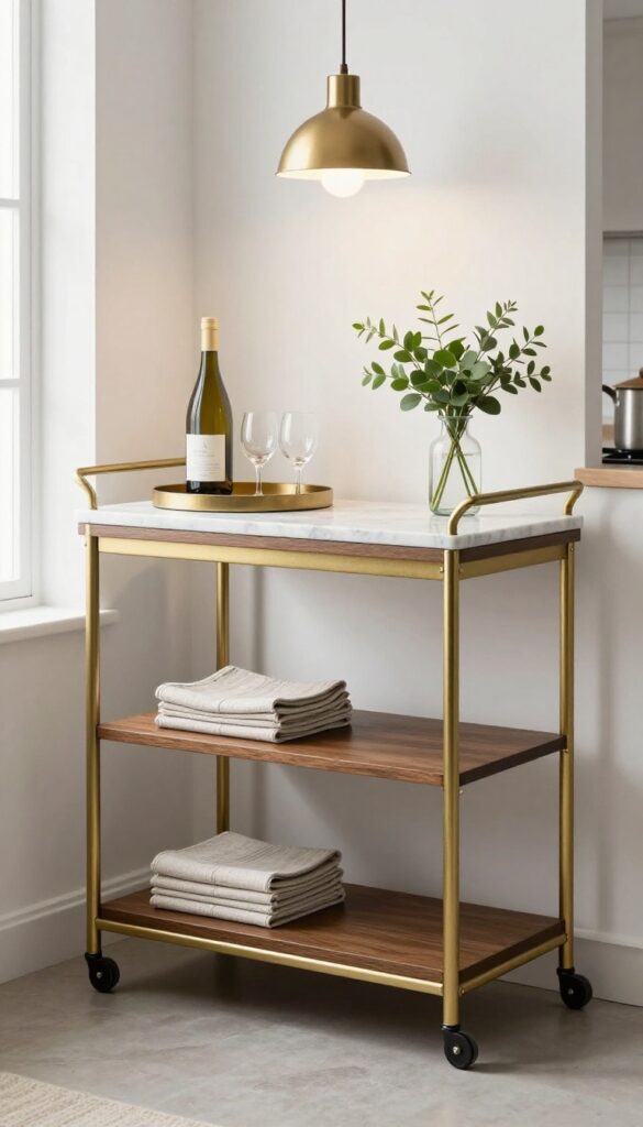 Vintage rolling bar cart with brass frame, wood shelves, marble top, wine glasses, and greenery in a bright kitchen corner with pendant light.