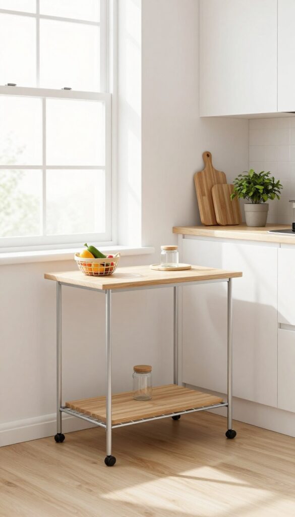 A slim rolling kitchen cart with butcher-block top and metal legs in a light, airy long narrow kitchen