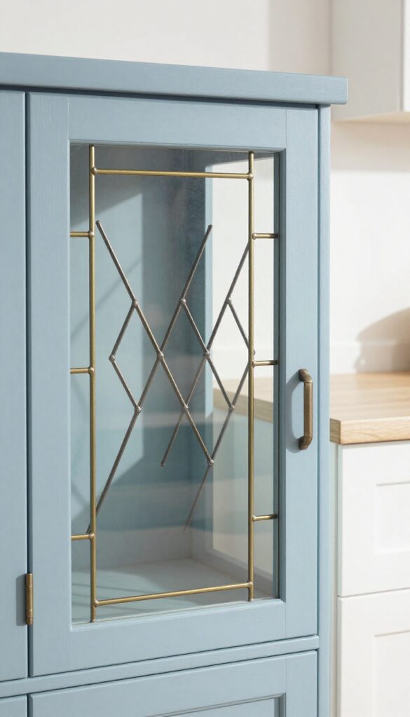Leaded glass kitchen cabinet door with diamond pattern and brass strips, soft natural light, light blue cabinet, butcher-block countertop