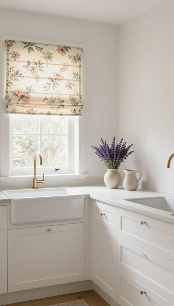 Shabby chic kitchen with floral Roman shades at the window, white cabinets, and fresh lavender on the counter.