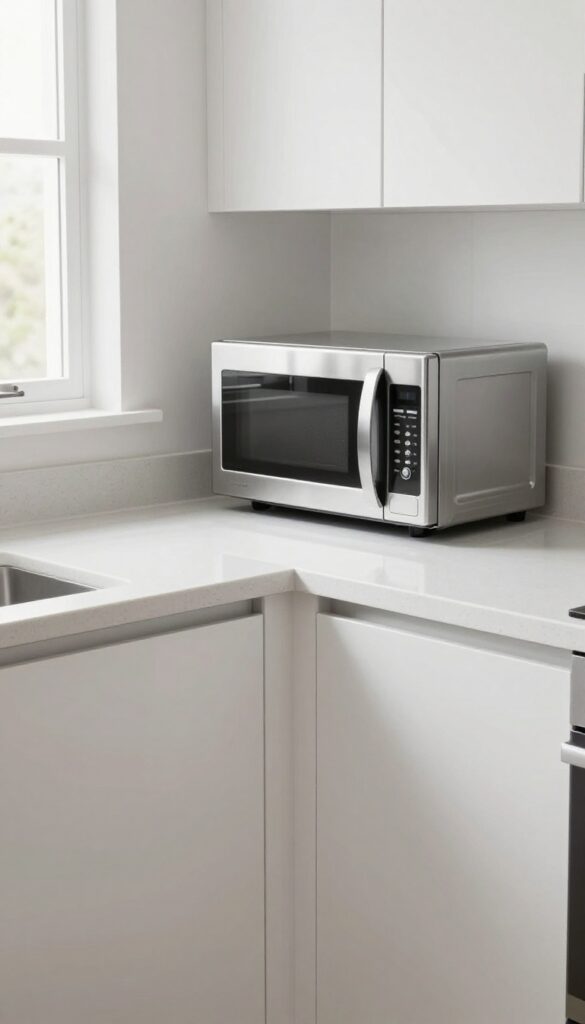 Modern kitchen corner with L-shaped countertop extension and microwave