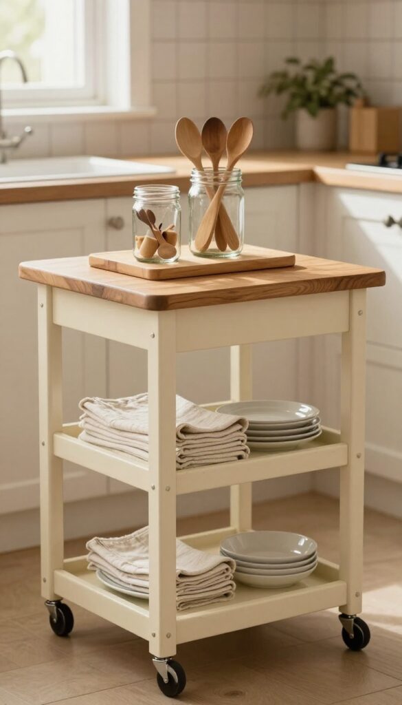 A small farmhouse kitchen with a cream rolling cart featuring a butcher block top and open shelves, styled with a cutting board and mason jar.