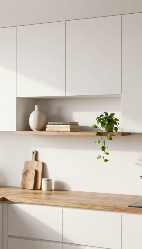 A single long floating shelf above white kitchen cabinets styled with a ceramic vase, stacked books, and a trailing pothos plant in bright natural light.