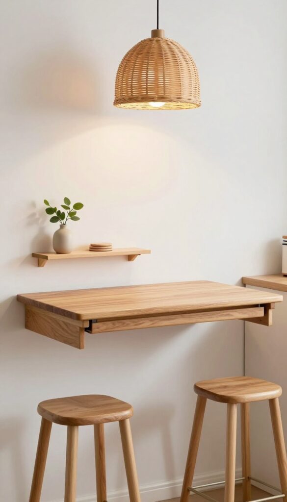 Slim wall-mounted drop-leaf table in a small kitchen with two acrylic stools, a rattan pendant light, and a small shelf with decor.