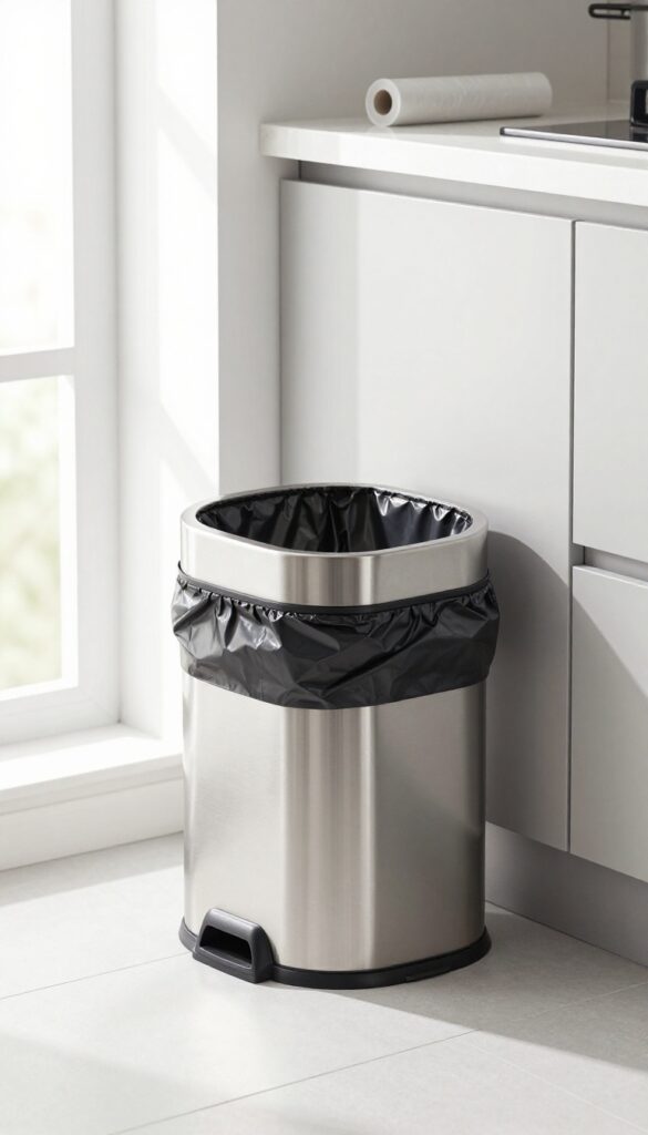 Kitchen trash can with a fitted liner in bright natural light, clean and organized