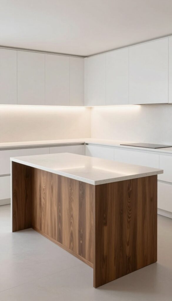 Modern kitchen with an angled pentagon island featuring quartz countertop and dark wood base, under-cabinet lighting, bright natural light, minimal decor.