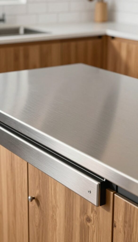 Close-up of stainless steel kitchen island countertop with magnetic strip edge holding metal utensils, set against warm wood cabinets and white subway tile.