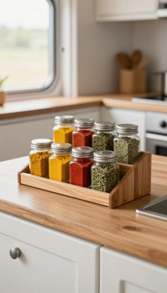 Tiered spice rack on caravan kitchen counter with colorful spice jars in natural light