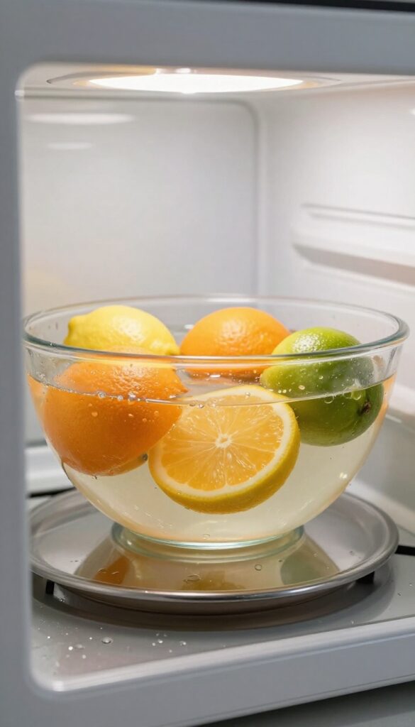 Microwave interior with a bowl of water and citrus peels after steaming, clean and shiny surfaces