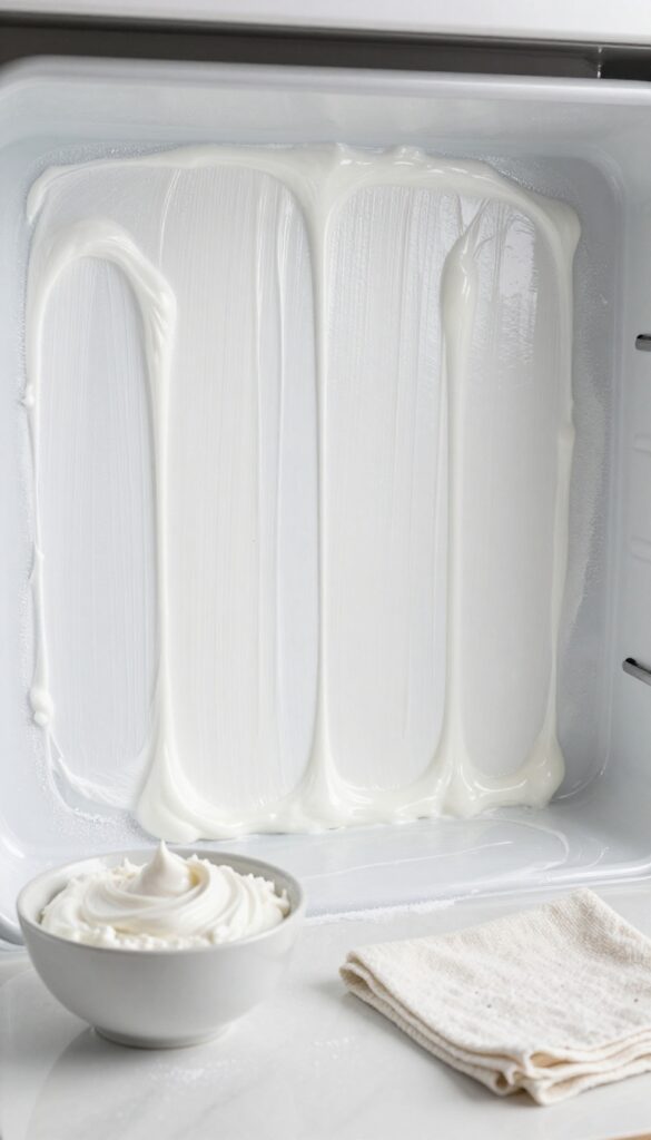 Baking soda paste applied to oven interior for cleaning grime