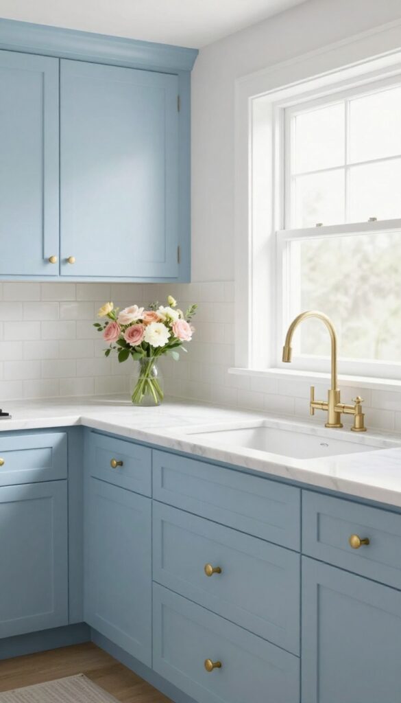Bright kitchen with pale blue cabinets and gold hardware