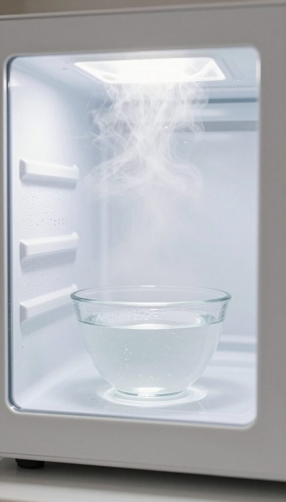 Steam filling a microwave interior after heating water, condensation on door and walls