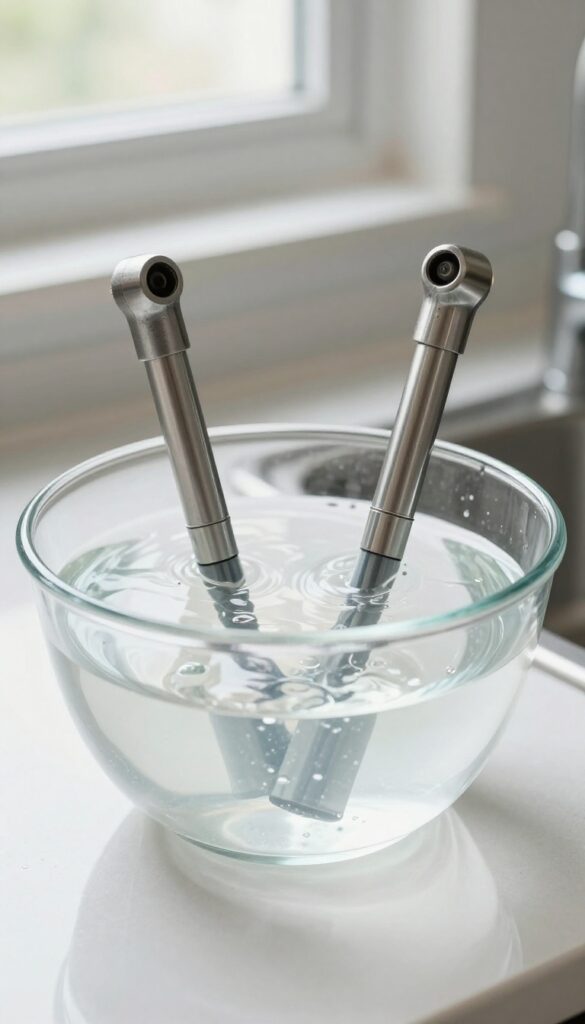 Dishwasher spray arms soaking in a vinegar solution to remove mineral buildup