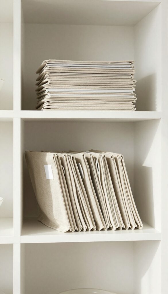 Pot lids stored vertically in a linen magazine file on a pantry shelf, organized and easy to see.