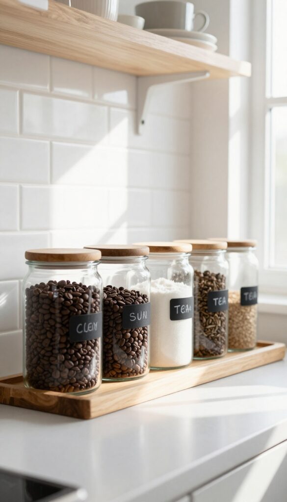 Farmhouse kitchen counter with labeled canisters for coffee, sugar, flour, and tea, arranged on a wooden tray with natural light and white subway tile backsplash.