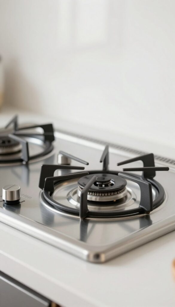 Close-up of a new chrome drip pan on a clean electric stove cooktop in bright natural light