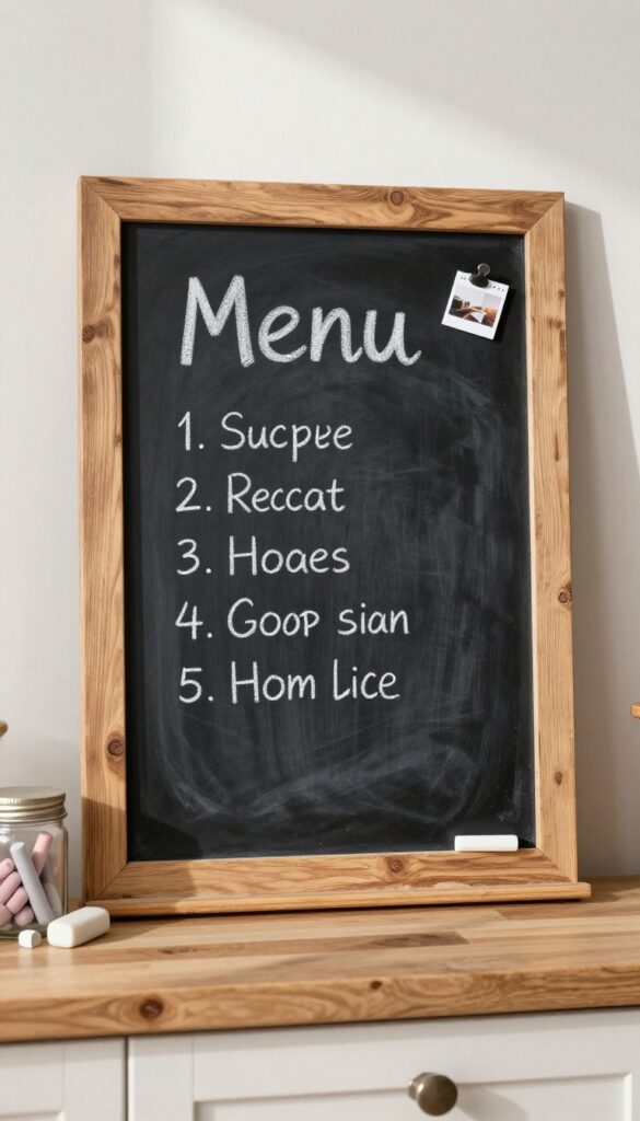 Magnetic chalkboard with wooden frame in a cozy kitchen, displaying menu and to-do list with magnets and chalk.
