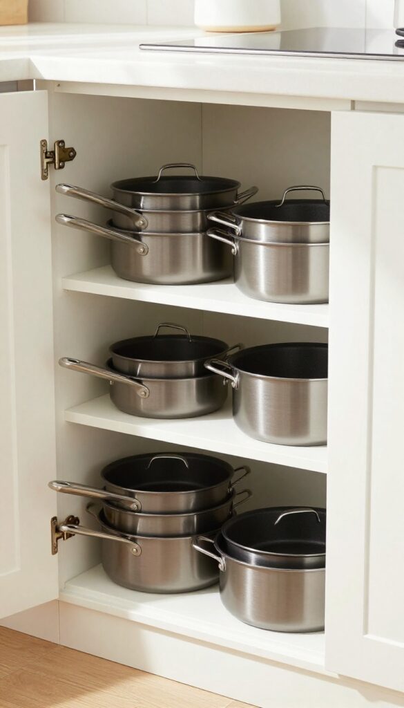 Open RV cabinet revealing a neatly stacked nesting cookware set, with removable handles stored separately, in a bright, organized kitchen.