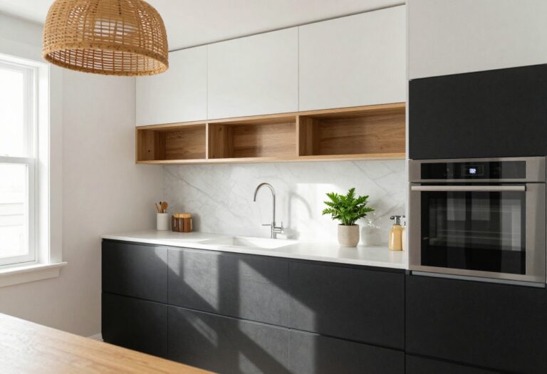 Cozy black and white kitchen with wood accents and natural light