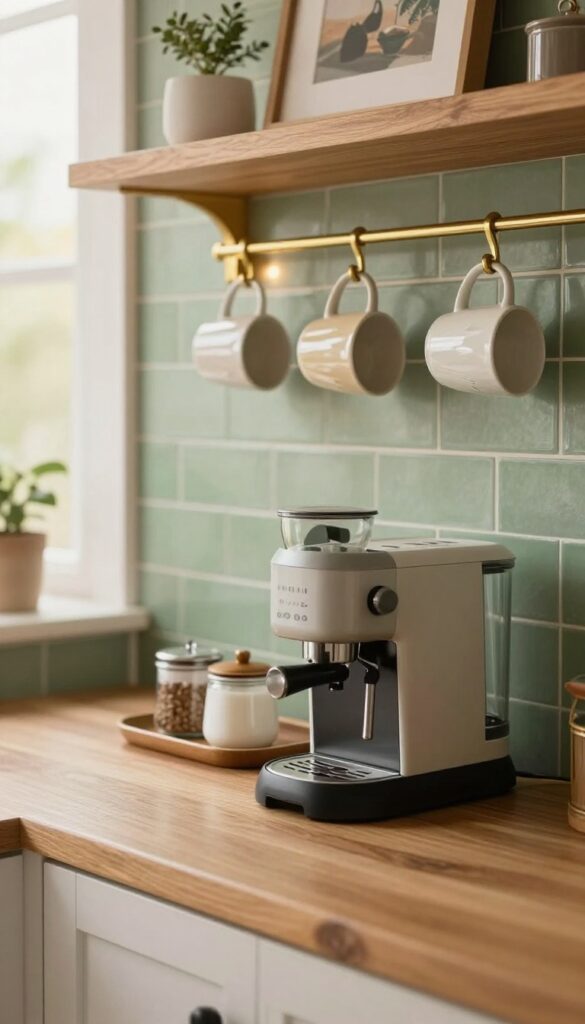 Cozy butler's pantry coffee station with espresso machine, mugs on hooks, and ceramic canisters on warm wood countertop with sage green backsplash.