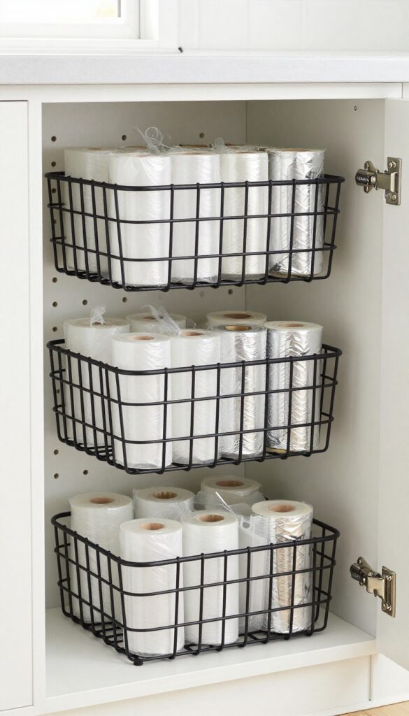Pegboard on inside of cabinet door holding rolls of plastic wrap, foil, and parchment paper in black wire baskets
