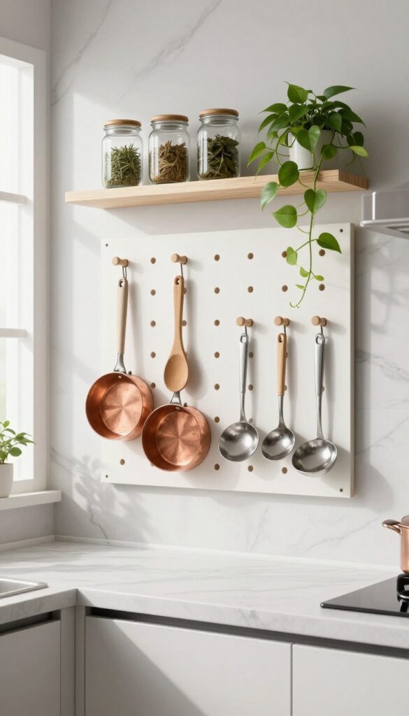 Marble accent wall with pegboard holding kitchen tools, herbs, and a plant in natural light