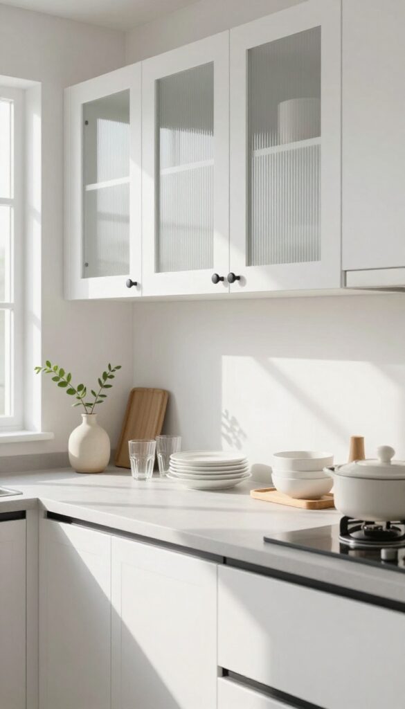 White kitchen cabinets with rippled glass doors, natural light, and simple white dishes inside
