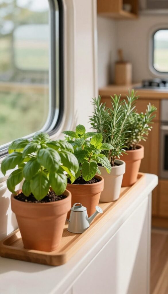 Small potted herb garden on a caravan kitchen windowsill, with terracotta pots and fresh herbs in natural light.