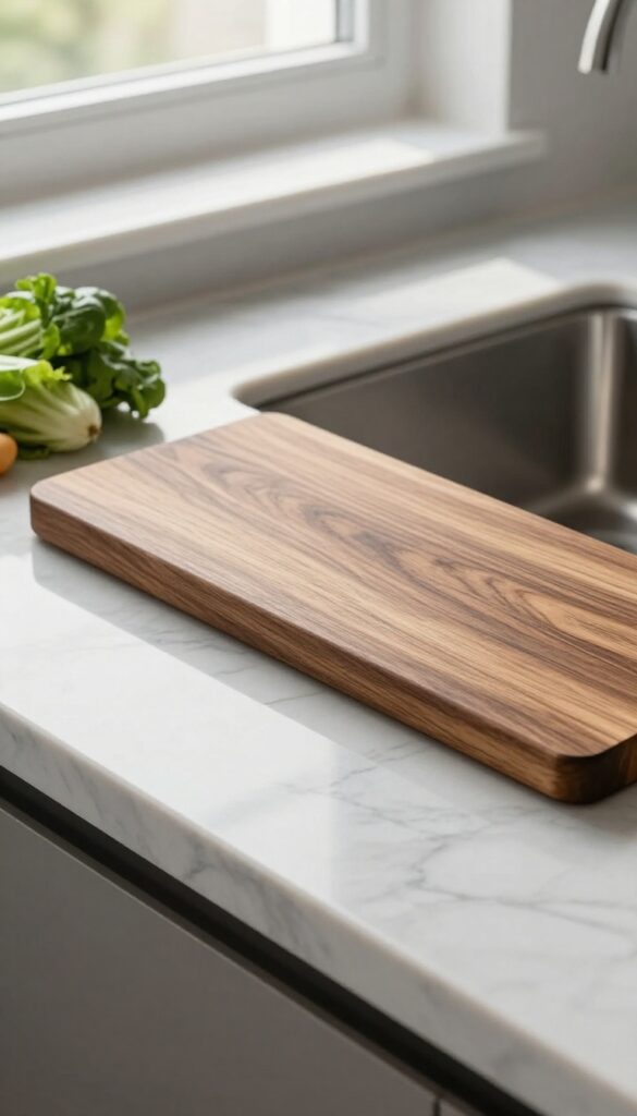 Marble countertop with a pull-out wooden cutting board, warm walnut wood, fresh vegetables nearby, natural light, clean composition.