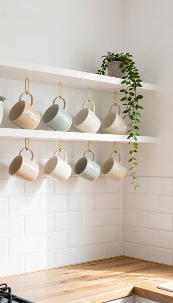 Hanging mugs under a shelf in a minimalist kitchen with warm lighting and a trailing plant.